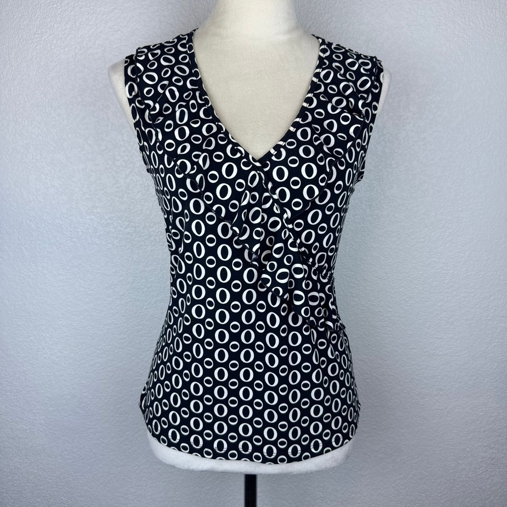 Vintage Carole Little Black White Abstract V Neck Sleeveless Ruffle Front Top
